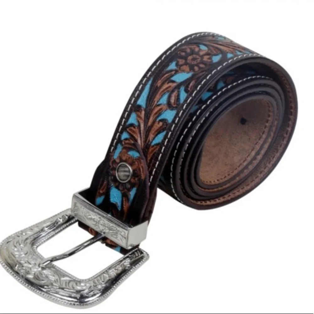 Myra turquoise hand tooled, painted leather belt